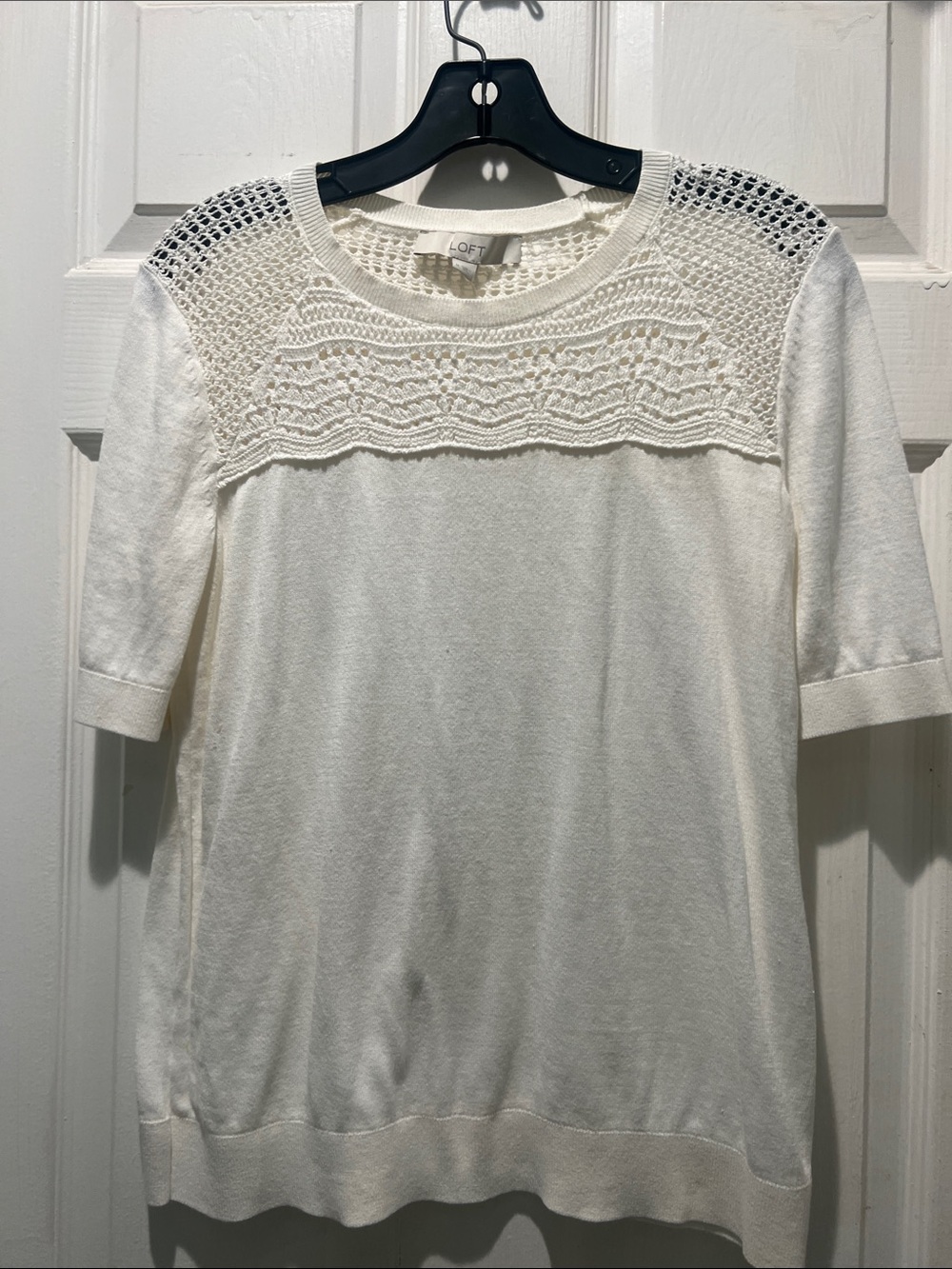 LOFT Cream Short-Sleeve Knit Top with Lace Yoke